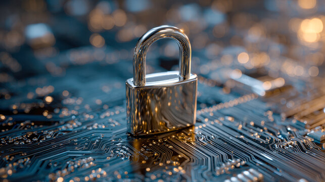 Shiny metal padlock symbolizing cybersecurity protection standing on detailed electronic circuit board with glowing golden light accents in technology concept