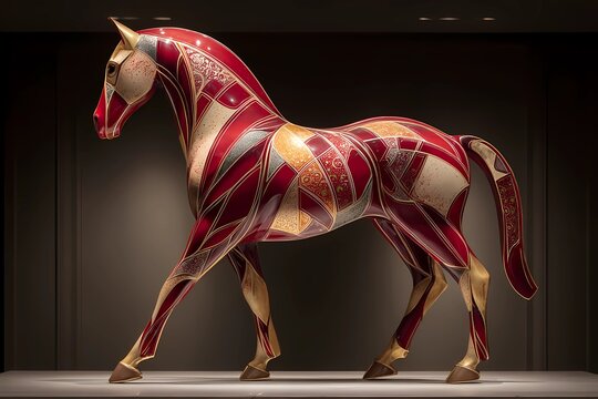 Intricate red-gold Art Deco horse sculpture with ornamental geometric patterns inspired by the Year of the Fire Horse