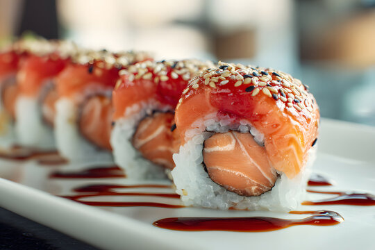 Sushi rolls displayed on a black stone plate with sauce and garnishes in a modern restaurant setting - Powered by Adobe