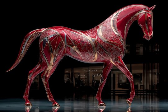 Red Art Deco horse with gold geometric engravings on a glossy surface, luxurious stylized illustration reflecting the Year of the Fire Horse in elegant symmetrical design