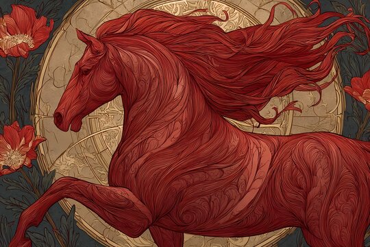 Red horse with flowing ornate linework framed by golden Art Nouveau circle, decorative floral illustration honoring the Year of the Fire Horse in elegant vintage style
