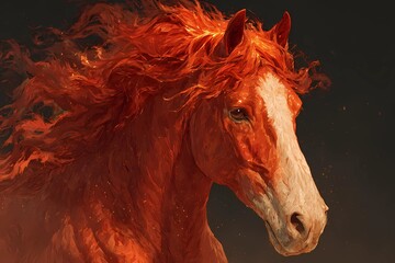Red fiery horse portrait with flowing flame-like mane on a warm red background, dynamic textured illustration symbolizing the Year of the Fire Horse in vivid orange and crimson tones