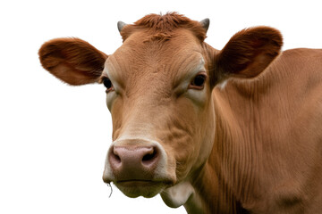 A close-up portrait of a brown cow with small horns, looking directly at the viewer against a plain transparent background. background removed