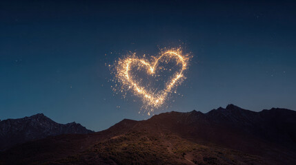 Sparkling heart shape glowing brightly in the night sky above dark mountains during a clear evening with a peaceful scenic landscape background
