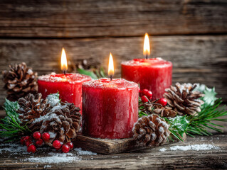 Three glowing red candles surrounded by frosted pinecones, green pine branches, and bright red berries arranged on rustic wooden surface with soft warm background li