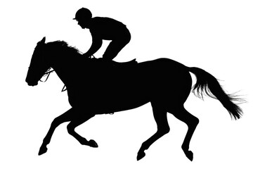 Fototapeta premium Dynamic black silhouette of a jockey riding a horse at a full gallop, capturing intense motion and equestrian sport energy. background removed