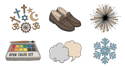 Diverse symbols and objects in cartoon style including religious icons and everyday items