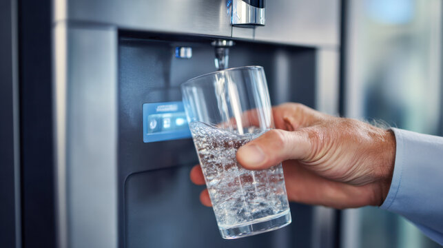 Man filling glass with fresh sparkling water from modern sleek beverage dispenser in bright kitchen environment