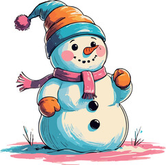 A cheerful snowman wearing a colorful hat, scarf, and mittens stands on a snowy patch with a warm, friendly smile.