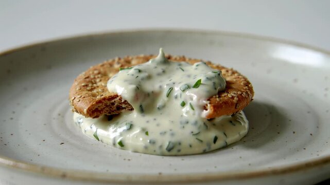 Extreme macro closeup of a seed cracker dipped into creamy vegan spread, detailed seeds and grain texture visible on the edge while the thick glossy herb-flecked dip clings smoothly on a neutral plate