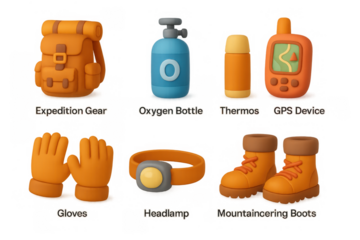 Expedition gear icons set for outdoor adventures and hiking design projects