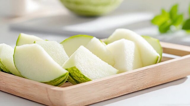 Refreshing Melon Slices: Sliced melon presented artfully on a wooden tray, showcasing a perfect balance of natural flavors. The scene invites viewers to savor the essence of freshness and taste.