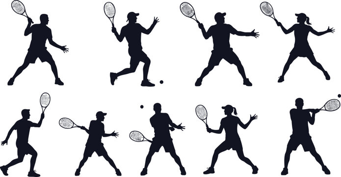Tennis player silhouette set, serve forehand backhand poses, sport motion icons, vector bundle, graphic athletic action design pack