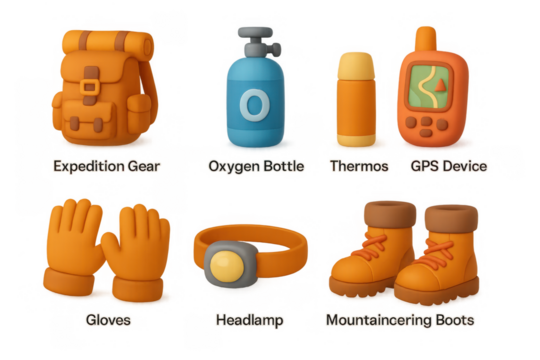 Expedition gear icons set for outdoor adventures and hiking design projects