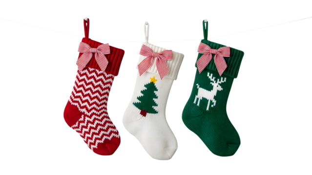 Festive christmas stockings hanging on a string against a dark background