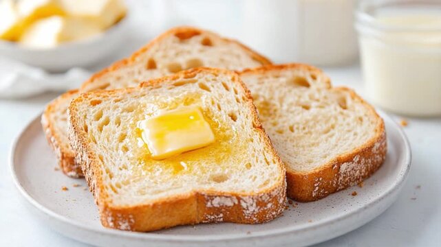 Toasted Bread with Butter: Savor the simplicity of a perfect breakfast with golden-brown toasted bread, generously adorned with a pat of melting butter.