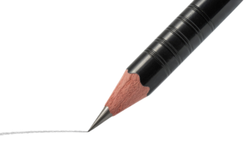 A black pencil with a sharp tip and reddish wood draws a clear white line across a solid background, symbolizing creativity and precision. background removed