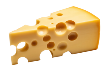 A golden yellow wedge of Swiss-style cheese, rich in texture with prominent holes, presented as a ready-to-use food ingredient cutout. background removed