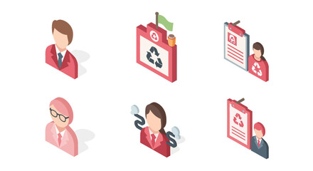 Isometric eco-friendly office concepts with diverse professionals and recycling themes