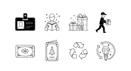 Line art icons: id badge, gift delivery, holiday cards, recycling