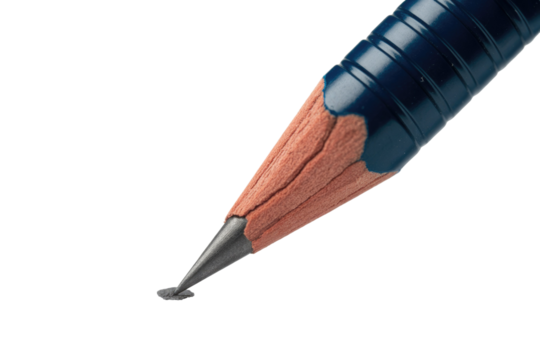 Close-up of a sharpened dark blue pencil with an exposed wooden shaft and graphite tip, leaving a tiny smudge on the surface. background removed - Powered by Adobe