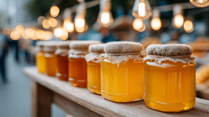 Vendor arranging honey jars at market stall with warm lighting