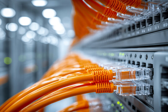 Network cables connected to a modern server rack inside a data center with focus on several orange cables plugged into the hardware ports