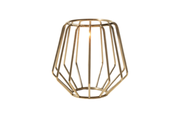 A gleaming metallic gold, open-cage lampshade or decorative frame, featuring geometric vertical bars and a subtle inner glow. background removed
