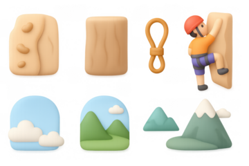 Cartoon climbing adventure icons for outdoor design and recreation concepts