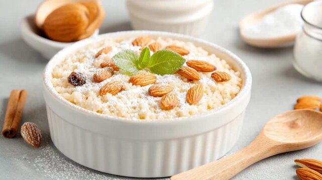 Delightful Almond Pudding: Indulge in a culinary masterpiece, as a creamy almond pudding is garnished with crunchy almonds, fragrant mint leaves, and a sprinkle of powdered sugar.
