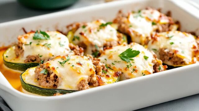 Delectable Zucchini Boat: Zucchini boats, each filled with seasoned meat, smothered with melted cheese, and garnished with parsley, a culinary delight.