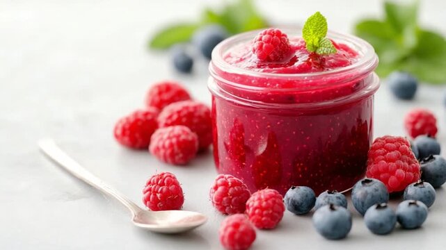 Berry Burst of Flavor: A close-up shot showcasing a jar of vibrant red berry jam, surrounded by fresh raspberries, blueberries, and a silver spoon. A scene of deliciousness and pure, fruity goodness.