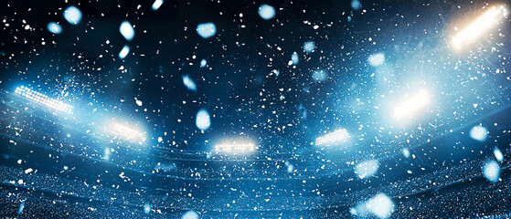 Hockey stadium under snowfall with bright spotlights, confetti and cheering crowd. Tournament atmosphere with strong winter sports excitement and high emotional impact.