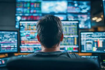 Man analyzing multiple financial data screens in a high-tech trading room with colorful charts and stock market information at night