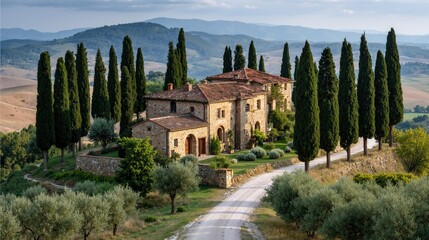 Naklejka premium Scenic tuscan villa surrounded by cypress trees and rolling hills in italy