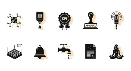 Set of minimalist icons: molecule, hand sanitizer, kpi badge, stamp, microphone, yoga, and more