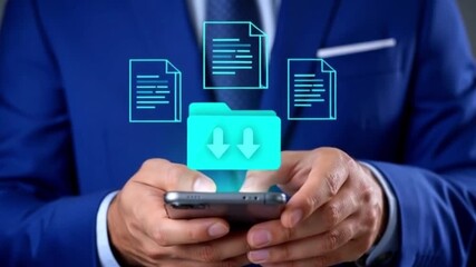 Businessman Managing Digital Files and Data Transfer with Smartphone Hologram 4k Video - Powered by Adobe