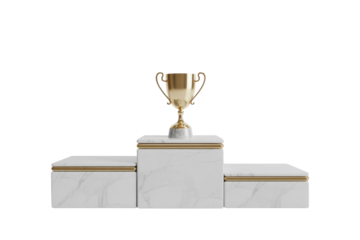 A gleaming golden trophy sits proudly atop a luxurious three-tiered marble and gold winner's podium, ready for champions. background removed