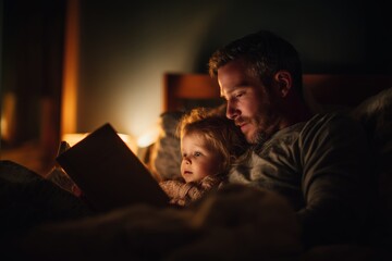 Father reading a bedtime story to his daughter in a cozy bedroom setting