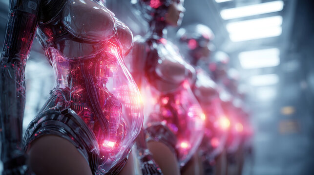 Futuristic robots nurturing artificial lifeforms in advanced laboratory setting