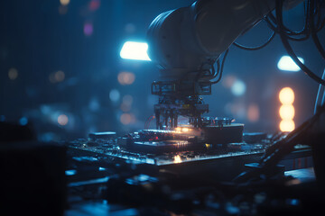 Robot arm assembling a circuit board in a modern manufacturing facility