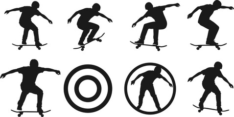 Skateboarder silhouette illustration set, trick poses and icon symbols, skate motion vector bundle, urban sport graphic design pack