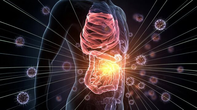 Human anatomy visualization showing digestive system with glowing elements and dynamic effects