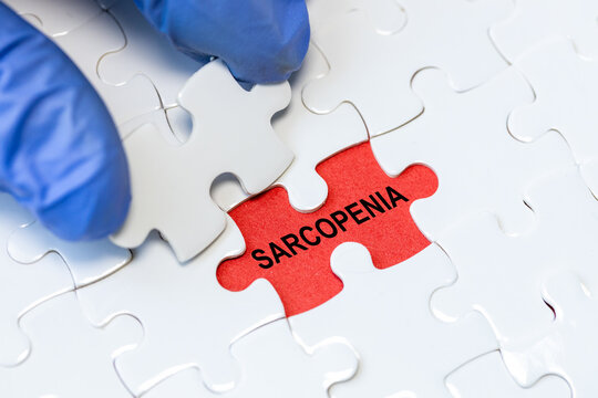 Sarcopenia. Medical term. Health concept. Loss of muscle mass and strength. Age-related problems. Copy space