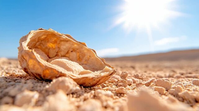 Deserted Husk Under the Sun: A close-up view reveals an abandoned nutshell, lying exposed on the arid desert terrain.