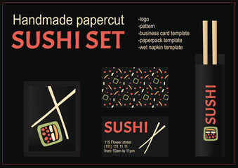 A stylish handmade papercut-inspired sushi branding set featuring a bold logo, seamless pattern, business card design, chopstick paper sleeve, and wet napkin packaging for sushi restaurants