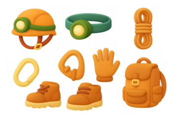 Essential caving gear icons for adventure and safety in vibrant design
