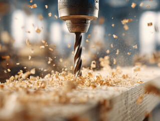 High-speed woodworking drill bit creating detailed holes and sending wood shavings flying in a vibrant workshop setting during carpentry work