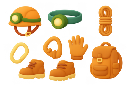 Essential caving gear icons for adventure and safety in vibrant design
