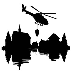 Obraz premium Helicopter hovering over flooded town with spotlight, emergency rescue and disaster relief in flood management